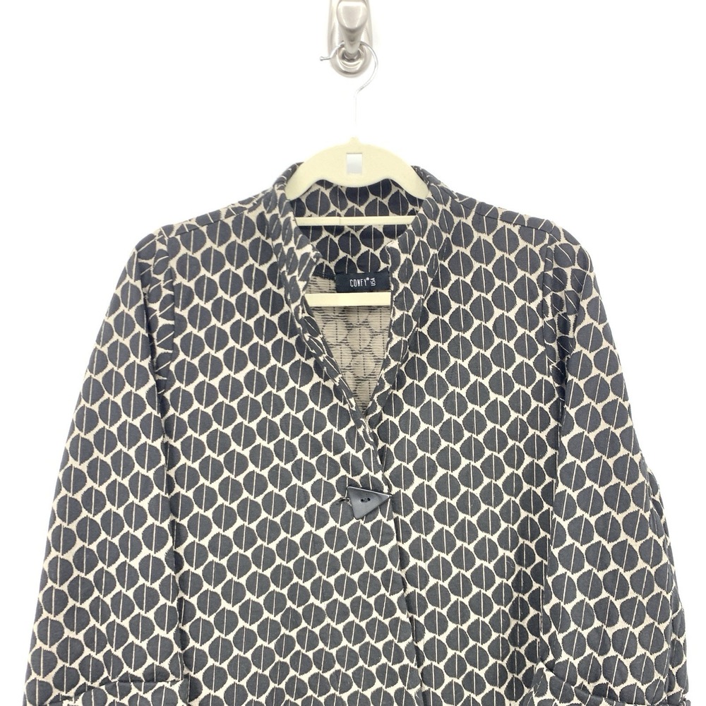 COMFY USA Women Size Medium Jacket‎ 1 Button Top Black Brown Print 3/4 Sleeve - Picture 2 of 7